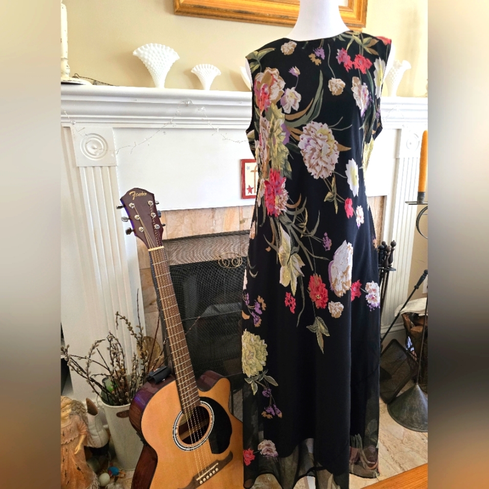 Vintage Floral on Black Bias Cut V-Neck 14P Cocktail Dress by Eva Blue